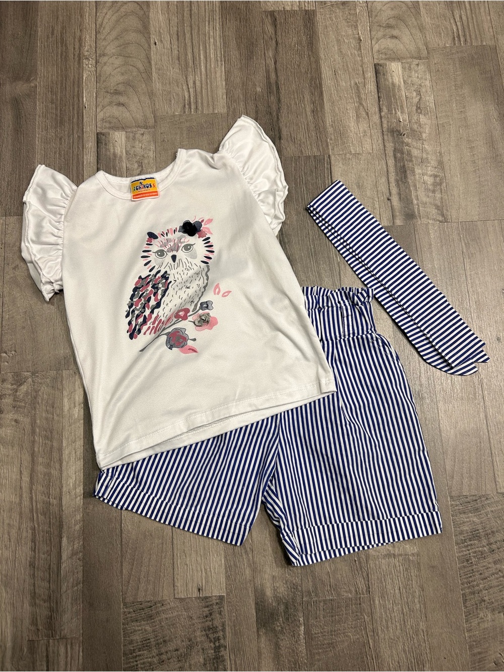 Chikos Girls White Owl Ruffle Short Sleeve Top with Blue Striped Shorts Set 6